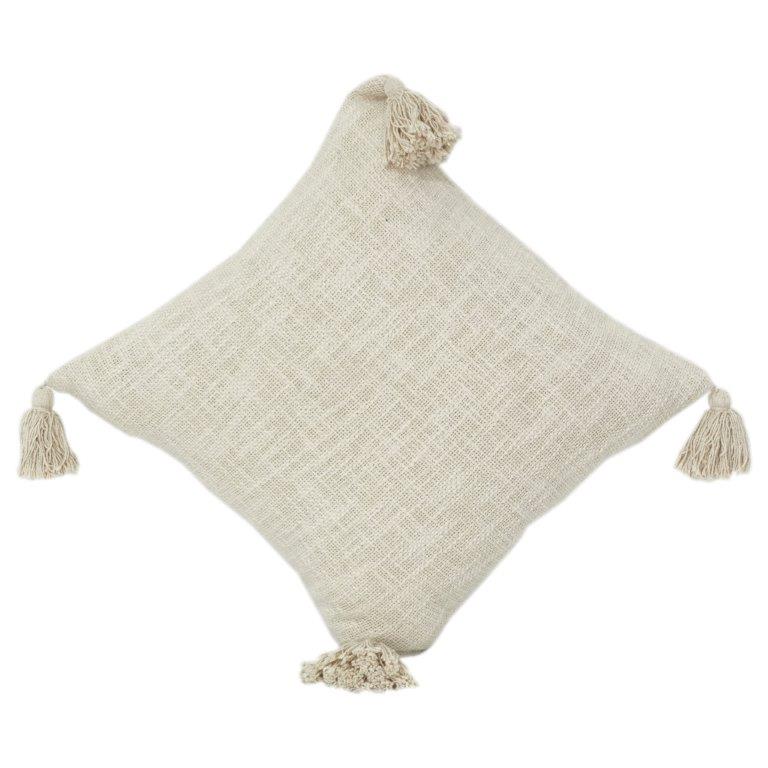 Handwoven Cotton Cushion Cover with Tassels | Minimal Textured Boho Throw Pillow Cover | Neutral Beige 18x18 Inch