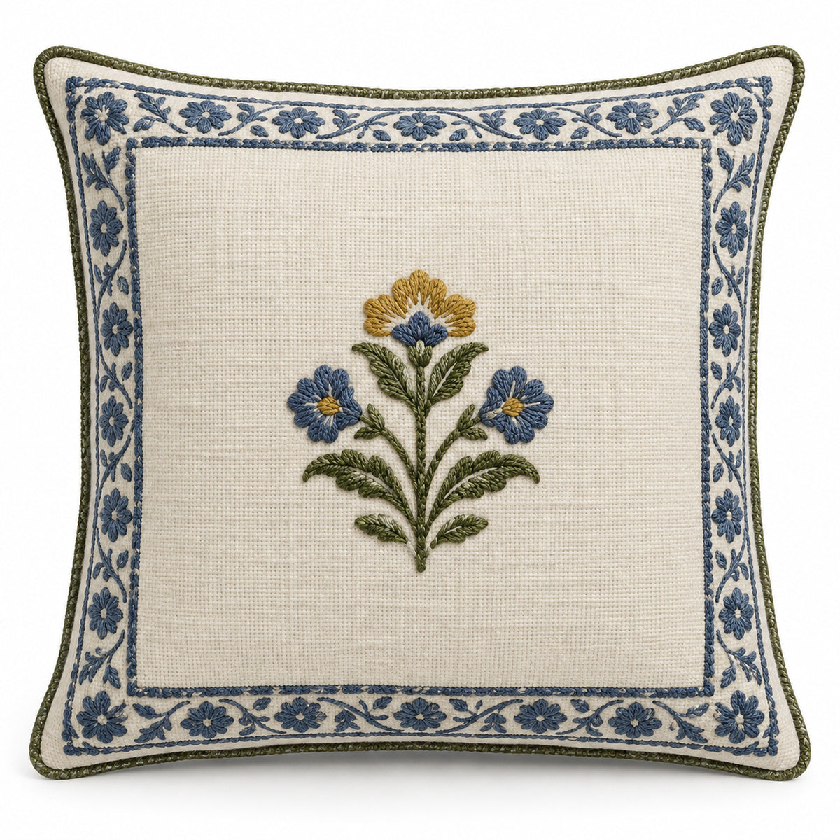Ivory square decorative cushion cover with detailed blue ornamental border and small central floral motif