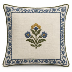 Ivory square decorative cushion cover with detailed blue ornamental border and small central floral motif