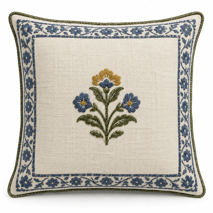 Ivory square decorative cushion cover with detailed blue ornamental border and small central floral motif