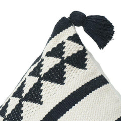 Black & White Geometric Cotton Cushion Cover with Tassels | 45x45 cm | Woven Textured Boho Pillow Cover