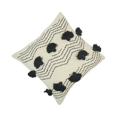 Boho Embroidered Tassel Cushion Cover – Black & Ivory Cotton Pillow Cover 45x45 cm