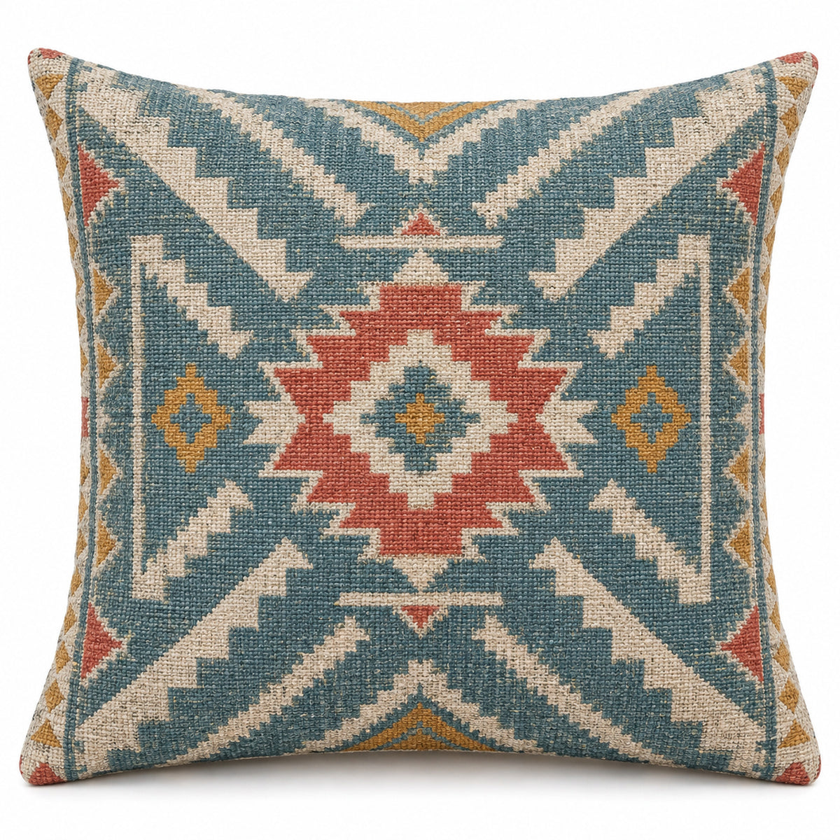 Geometric kilim-style cushion cover with aqua blue, coral and cream diamond motifs