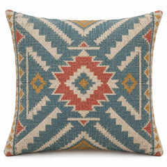 Geometric kilim-style cushion cover with aqua blue, coral and cream diamond motifs