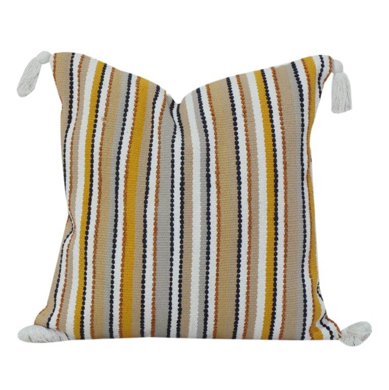 Multicolor Striped Embroidered Cotton Cushion Cover with Tassels | Textured Boho Throw Pillow Cover (18x18 Inch) - Bulk manufacturer & supplier from Panipat, India