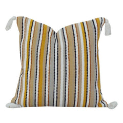Multicolor Striped Embroidered Cotton Cushion Cover with Tassels | Textured Boho Throw Pillow Cover (18x18 Inch)