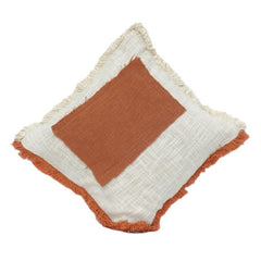 Rust & Ivory Textured Cotton Patchwork Cushion Cover | Frayed Edge Rustic Throw Pillow | 18x18 Inch