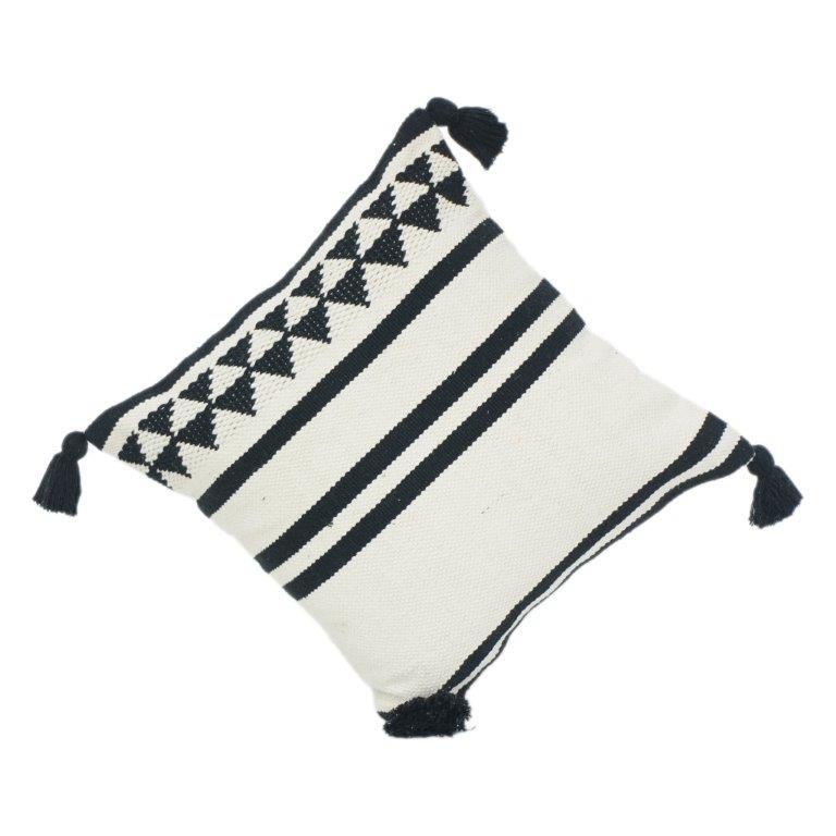 Black & White Geometric Cotton Cushion Cover with Tassels | 45x45 cm | Woven Textured Boho Pillow Cover - Bulk manufacturer & supplier from Panipat, India