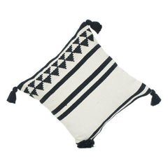 Black & White Geometric Cotton Cushion Cover with Tassels | 45x45 cm | Woven Textured Boho Pillow Cover