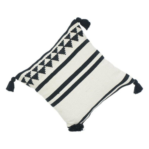 Black & White Geometric Cotton Cushion Cover with Tassels | 45x45 cm | Woven Textured Boho Pillow Cover