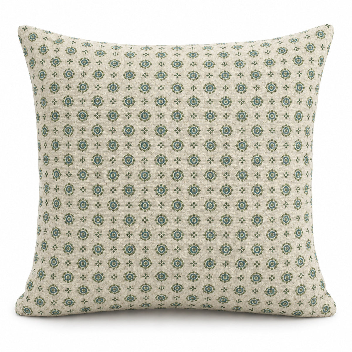 Cream square cushion cover with small repeating sage green decorative motifs