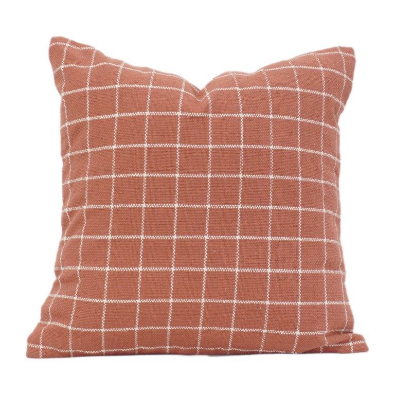 Handmade Cotton Cushion Cover 45x45 cm | Rust Grid Check Pattern | Modern Minimal Décor Pillow Cover - Bulk manufacturer & supplier from Panipat, India