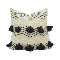 Boho Embroidered Tassel Cushion Cover – Black & Ivory Cotton Pillow Cover 45x45 cm