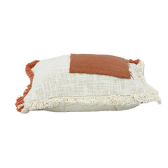 Rust & Ivory Textured Cotton Patchwork Cushion Cover | Frayed Edge Rustic Throw Pillow | 18x18 Inch
