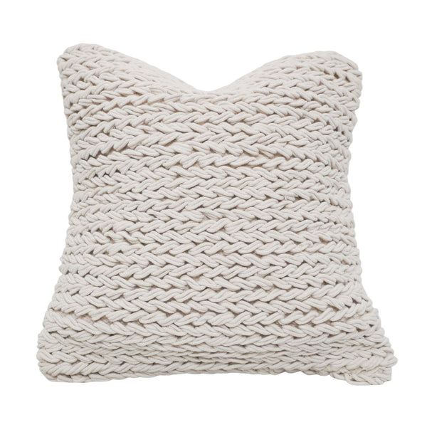 Handmade Chunky Braided Cotton Cushion Cover 45x45 cm | Textured Woven Decorative Throw Pillow Cover | Ivory | Hidden Zipper