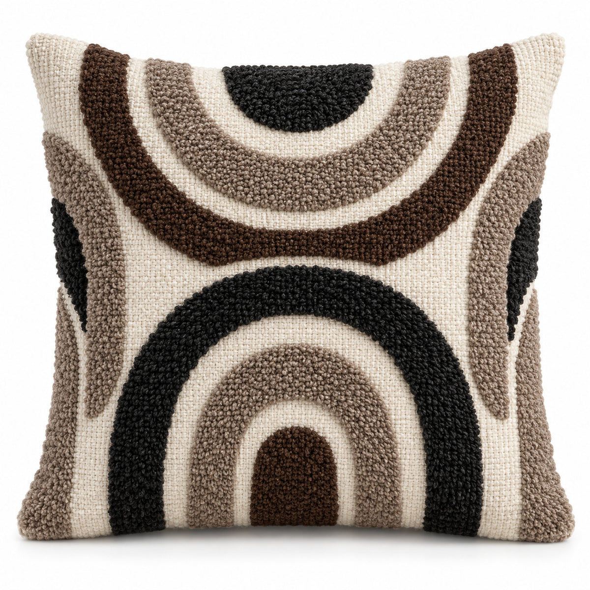 Neutral square cushion cover with cream, taupe and brown layered arch shapes and raised tufted-look texture