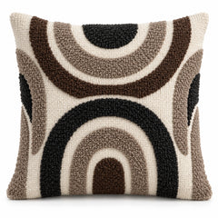 Neutral square cushion cover with cream, taupe and brown layered arch shapes and raised tufted-look texture