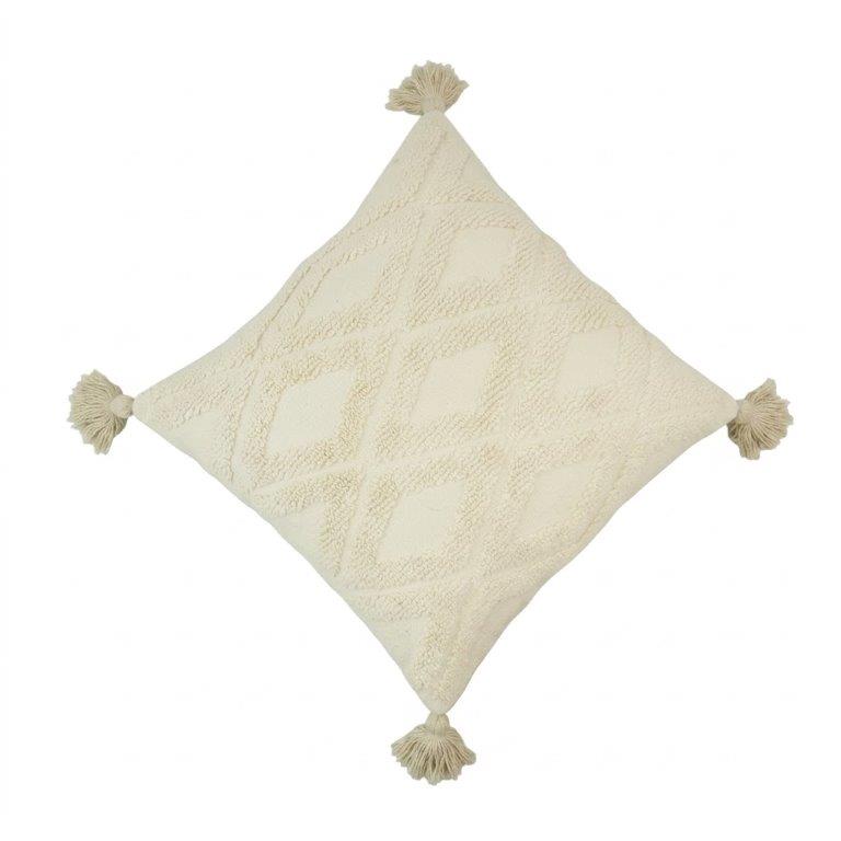Ivory Tufted Cotton Cushion Cover with Tassels | Geometric Textured Design | 45x45 cm - Bulk manufacturer & supplier from Panipat, India