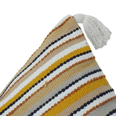 Multicolor Striped Embroidered Cotton Cushion Cover with Tassels | Textured Boho Throw Pillow Cover (18x18 Inch)