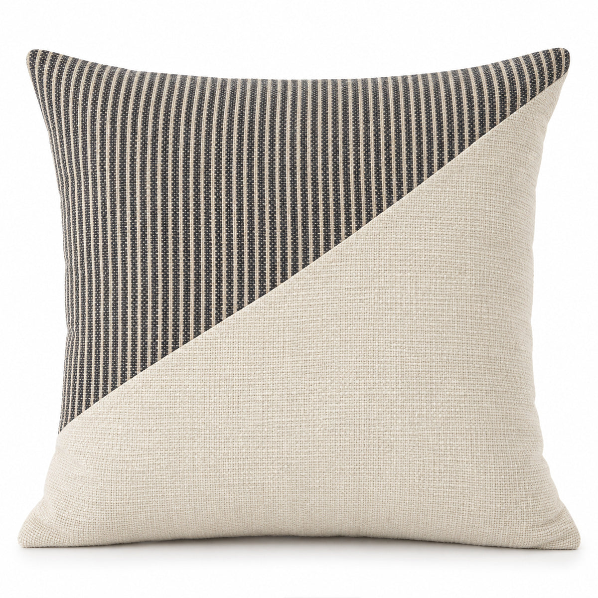 Square cushion cover with diagonal ivory panel and charcoal pinstripe sections on a clean white background