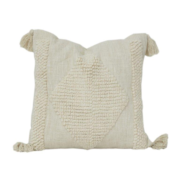 Handwoven Cotton Cushion Cover with Tufted Diamond Pattern & Tassels – 45x45 cm | Neutral Boho Decorative Pillow - Bulk manufacturer & supplier from Panipat, India