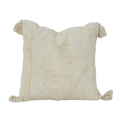 Handgewebter Baumwollkissenbezug mit getuftetem Rautenmuster & Quasten – 45x45 cm | Neutrales Boho Dekokissen