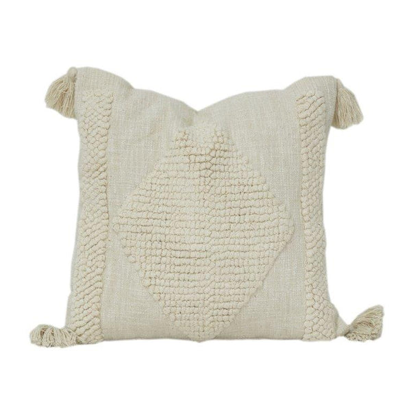 Handwoven Cotton Cushion Cover with Tufted Diamond Pattern & Tassels – 45x45 cm | Neutral Boho Decorative Pillow