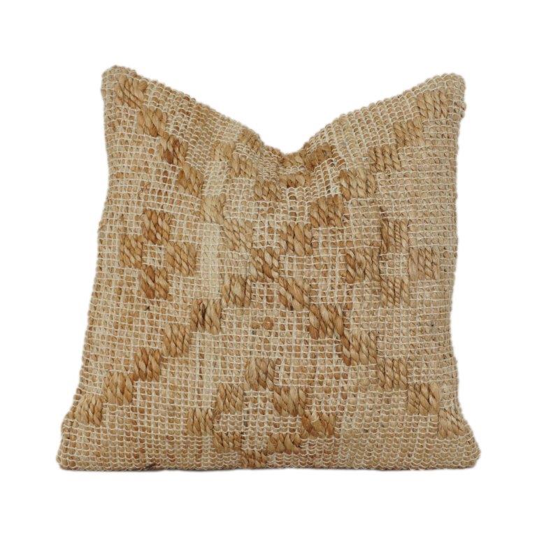 Handwoven Jute Cotton Cushion Cover with Textured Geometric Pattern | Natural Rustic Boho Decor | 18x18 Inch