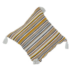 Multicolor Striped Embroidered Cotton Cushion Cover with Tassels | Textured Boho Throw Pillow Cover (18x18 Inch)