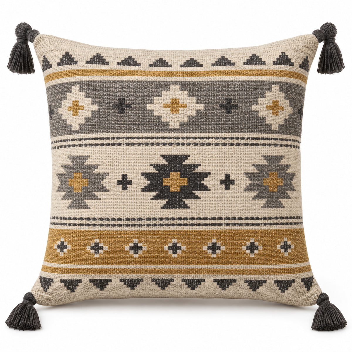 Neutral square cushion cover with geometric tribal stripe motifs and dark corner tassels