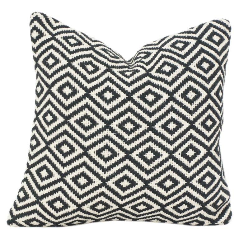 Handwoven Geometric Cotton Cushion Cover 45x45 cm | Black & White Diamond Pattern | Handmade Textured Pillow Case