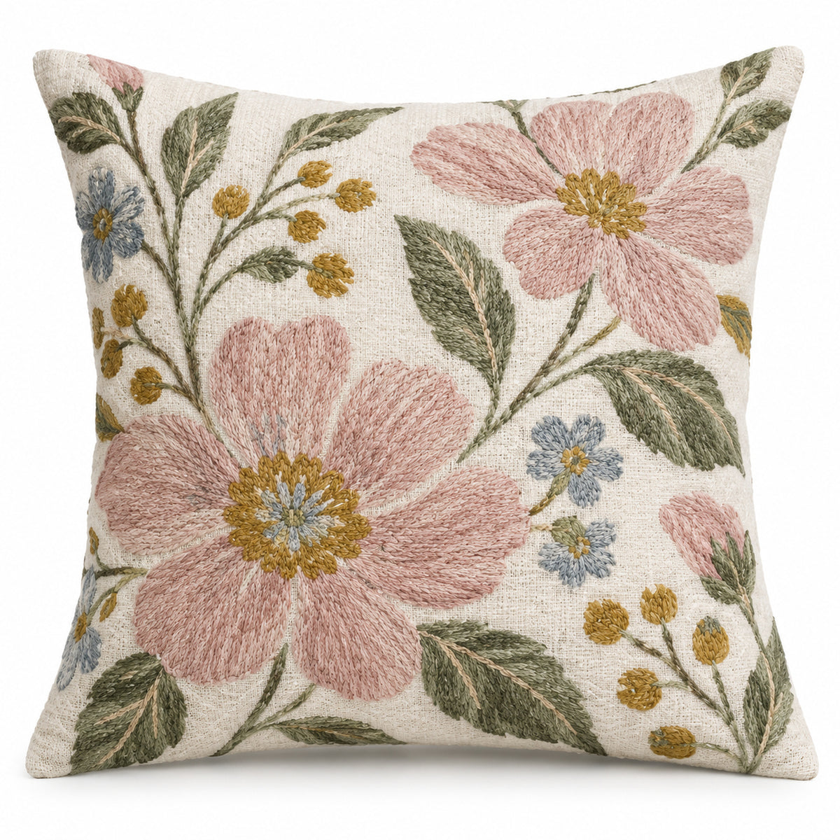 Ivory square cushion cover with delicate pink and yellow floral motifs and green botanical leaves