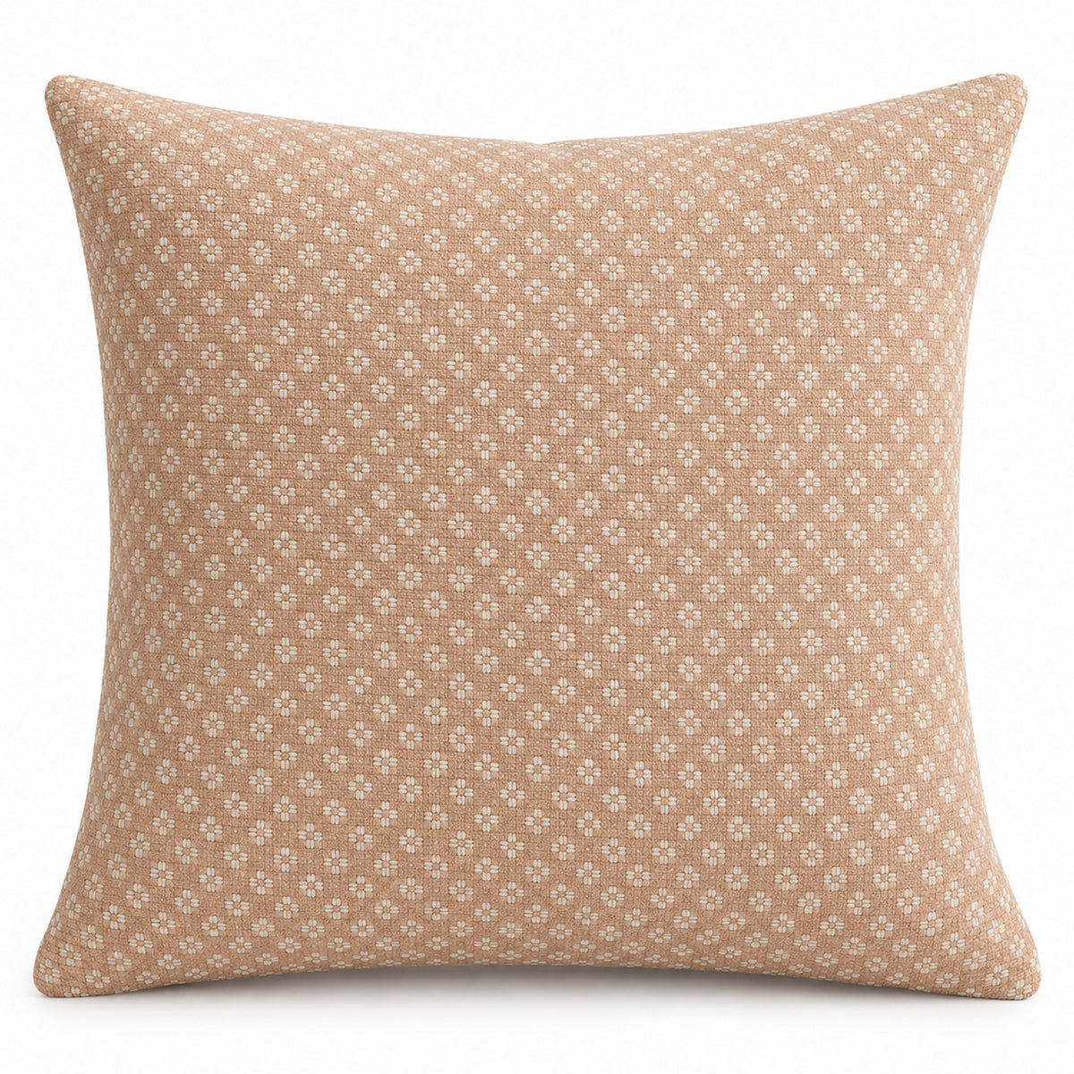 Peach square cushion cover with repeating small cream geometric textured-style pattern