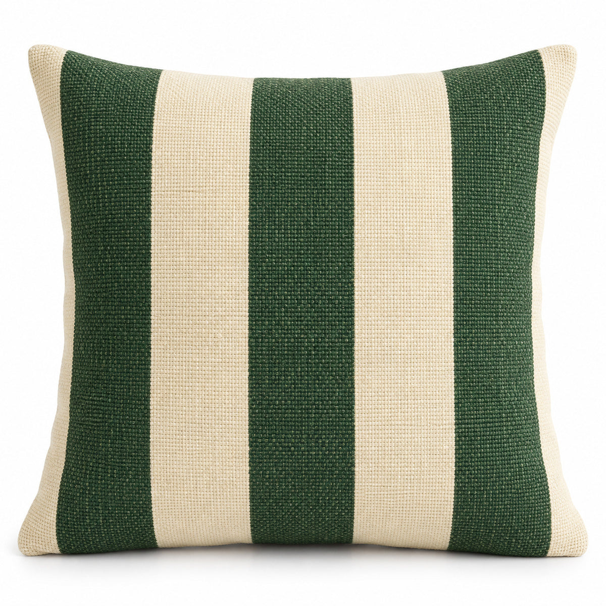 Square cushion cover with broad forest green and warm cream vertical stripes