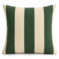 Square cushion cover with broad forest green and warm cream vertical stripes