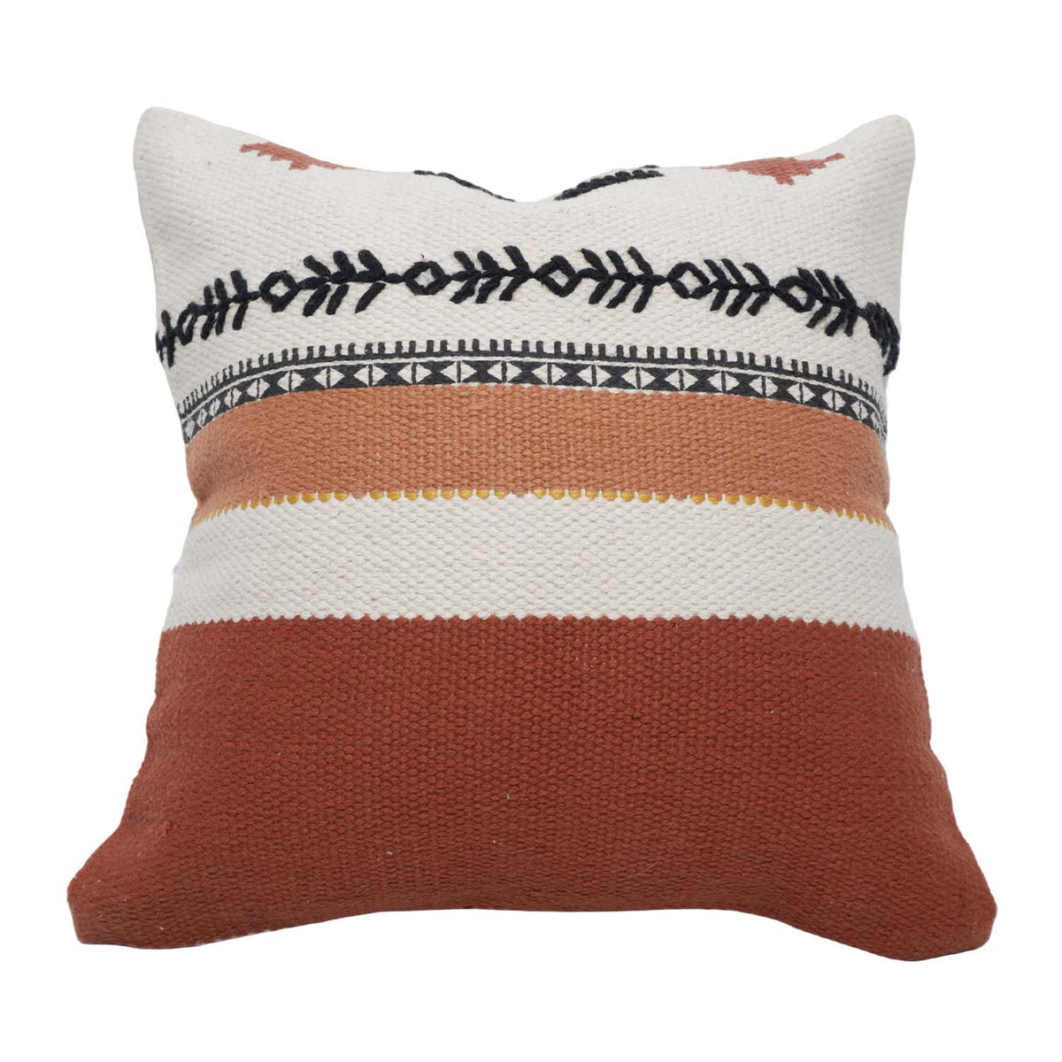 Handmade Woven Cotton Cushion Cover 45x45 cm | Boho Tribal Striped Decorative Throw Pillow Cover | Rust & Ivory | Hidden Zip | Sofa & Bed Cushion Case - Bulk manufacturer & supplier from Panipat, India