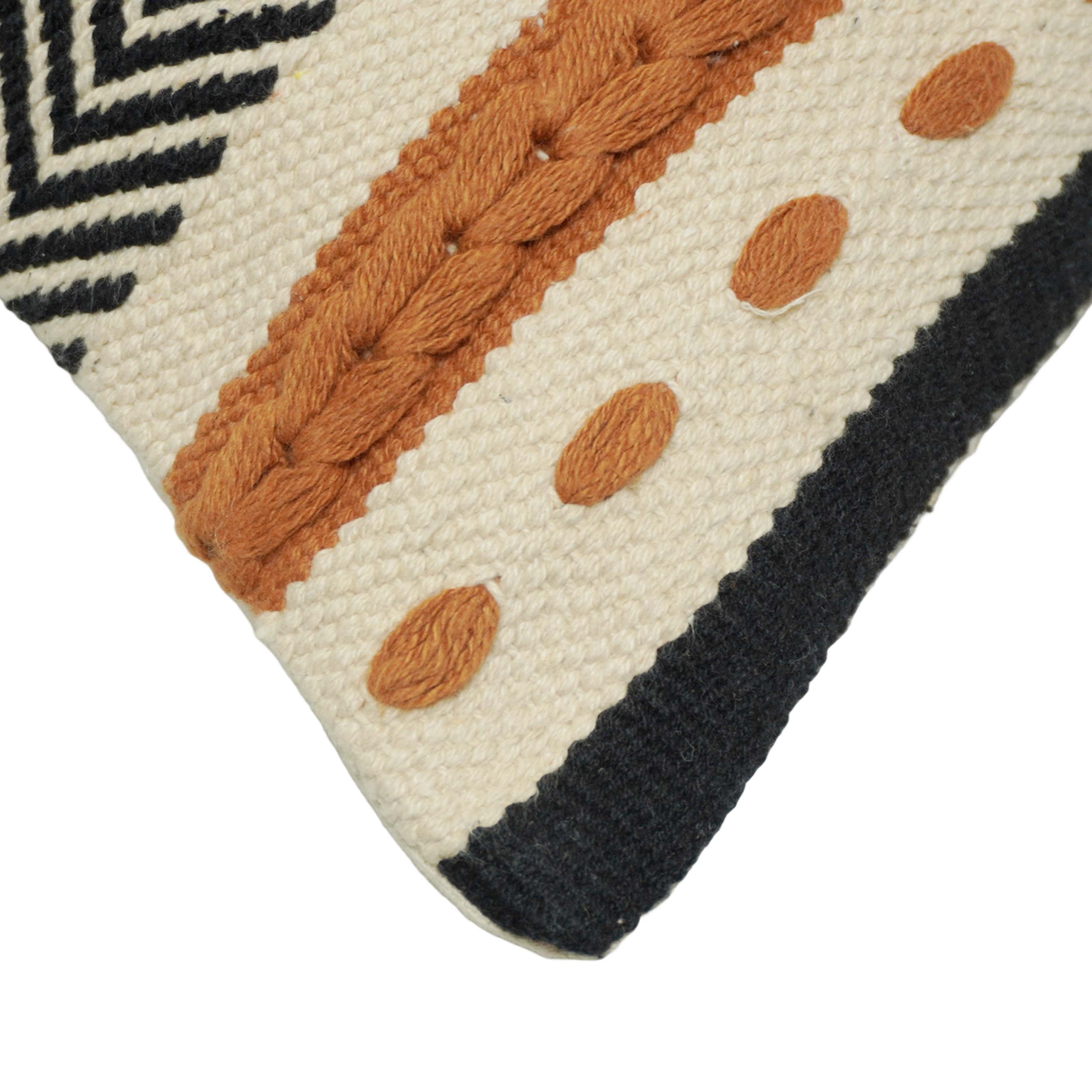 Handwoven Cotton Cushion Cover 45x45 cm | Boho Geometric Woven Throw Pillow Cover | Black, Ivory & Rust | Decorative Sofa Cushion Cover with Hidden Zipper
