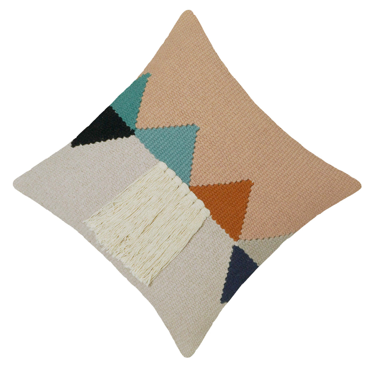 Handwoven Cotton Cushion Cover 45x45 cm – Geometric Mountain Design with Tassel Detail