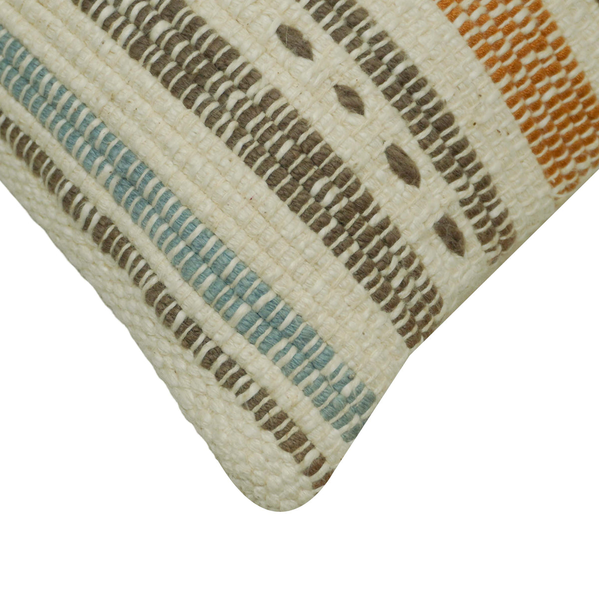 Handwoven Cotton Cushion Cover 45x45 cm – Geometric Striped Design in Ivory, Rust & Blue