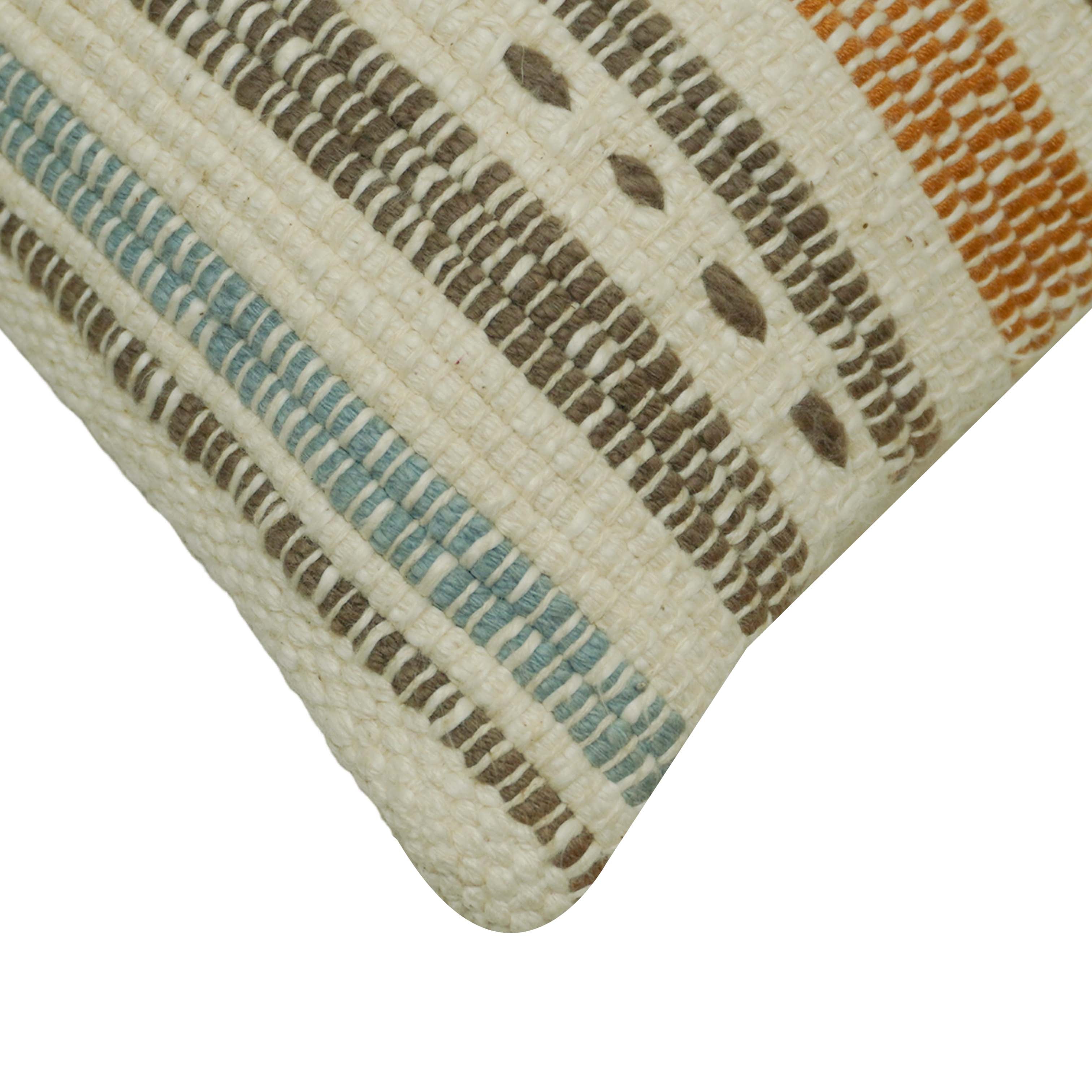 Handwoven Cotton Cushion Cover 45x45 cm – Geometric Striped Design in Ivory, Rust & Blue