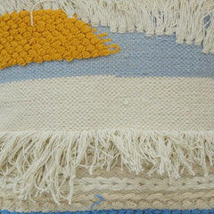Textured Fringe Cotton Cushion Cover | Handwoven Boho Tufted Pillow Cover | Blue & Mustard Abstract Design | 45x45 cm