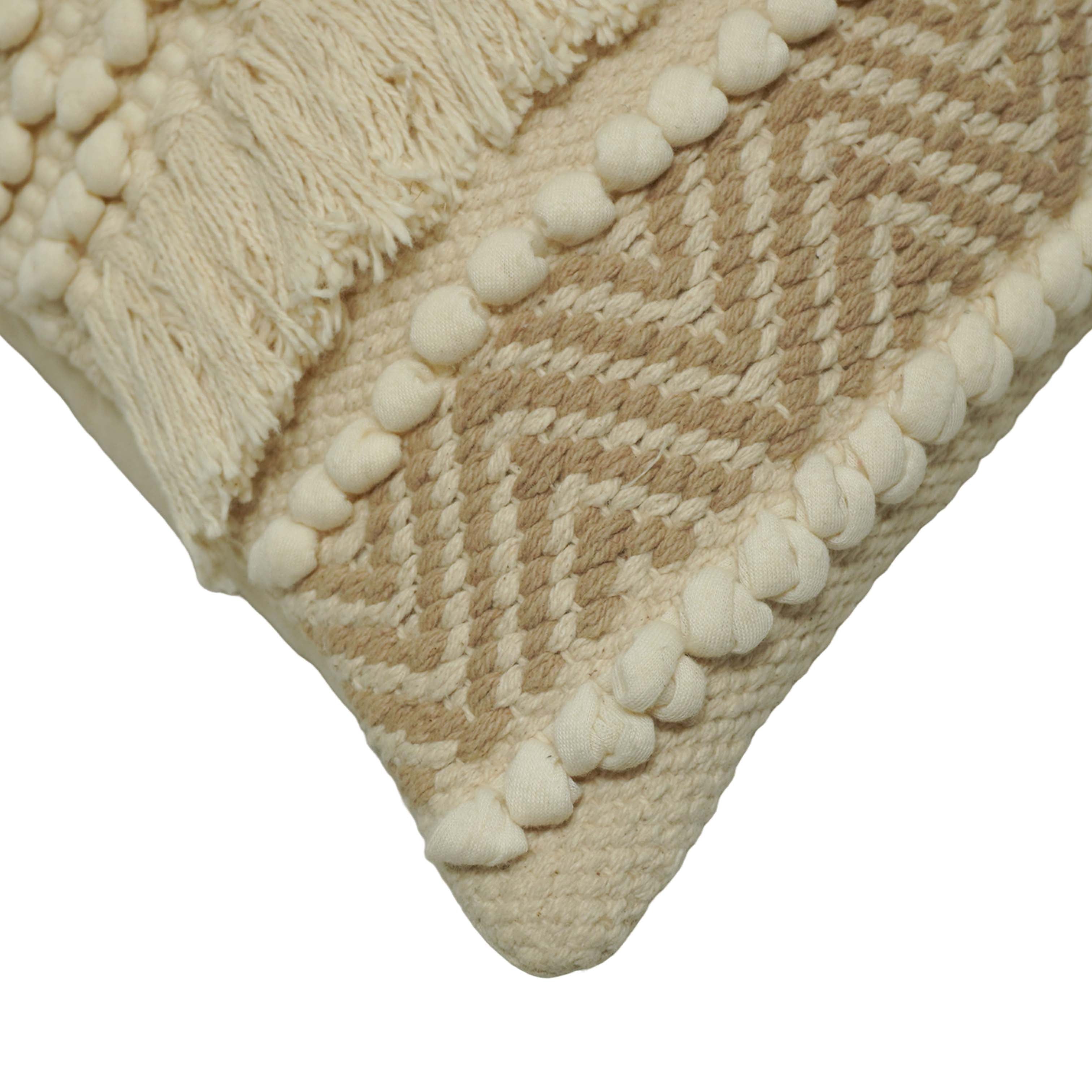 Handwoven Cotton Cushion Cover 45x45 cm | Boho Textured Woven Cushion Cover with Fringe | Cream & Natural Decorative Throw Pillow Cover | Hidden Zipper | Handmade Home Décor
