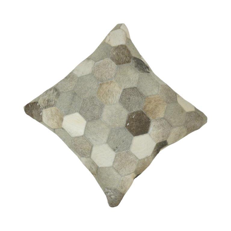Handcrafted Genuine Hair-On Leather Hexagon Patchwork Cushion Cover – Natural Multi-Tone | 45 x 45 cm - Bulk manufacturer & supplier from Panipat, India