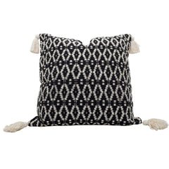 Handwoven Cotton Cushion Cover 45x45 cm | Black & Ivory Geometric Woven Design with Tassels | Boho Decorative Throw Pillow Cover | Hidden Zipper | Handmade Home Décor