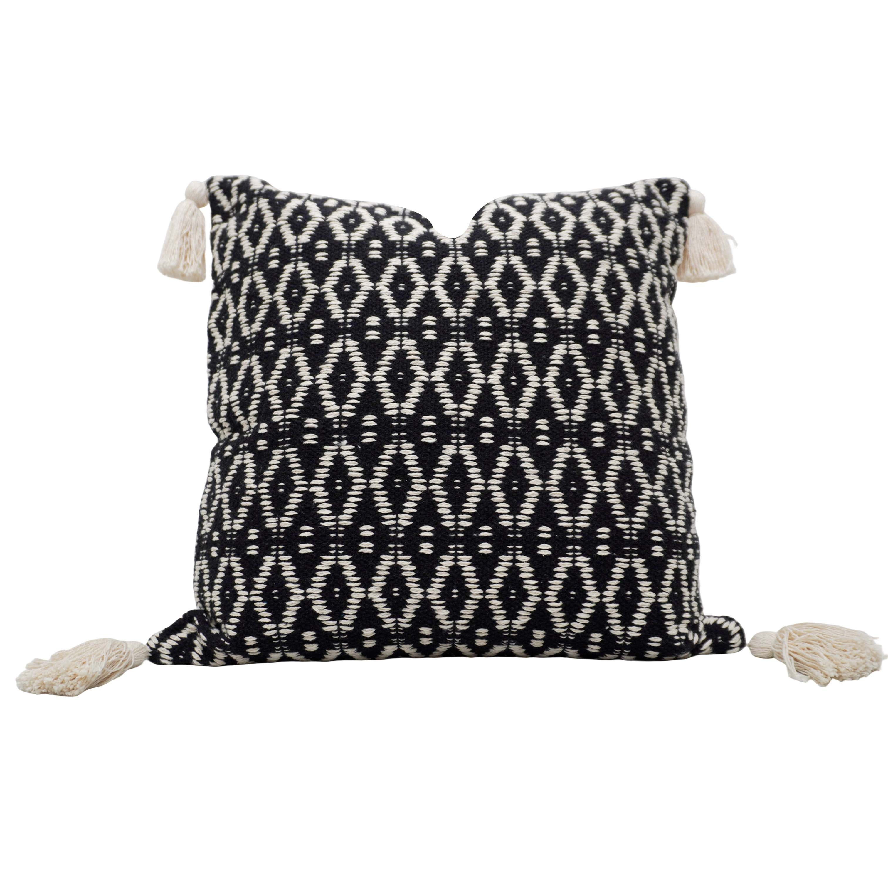 Handwoven Cotton Cushion Cover 45x45 cm | Black & Ivory Geometric Woven Design with Tassels | Boho Decorative Throw Pillow Cover | Hidden Zipper | Handmade Home Décor