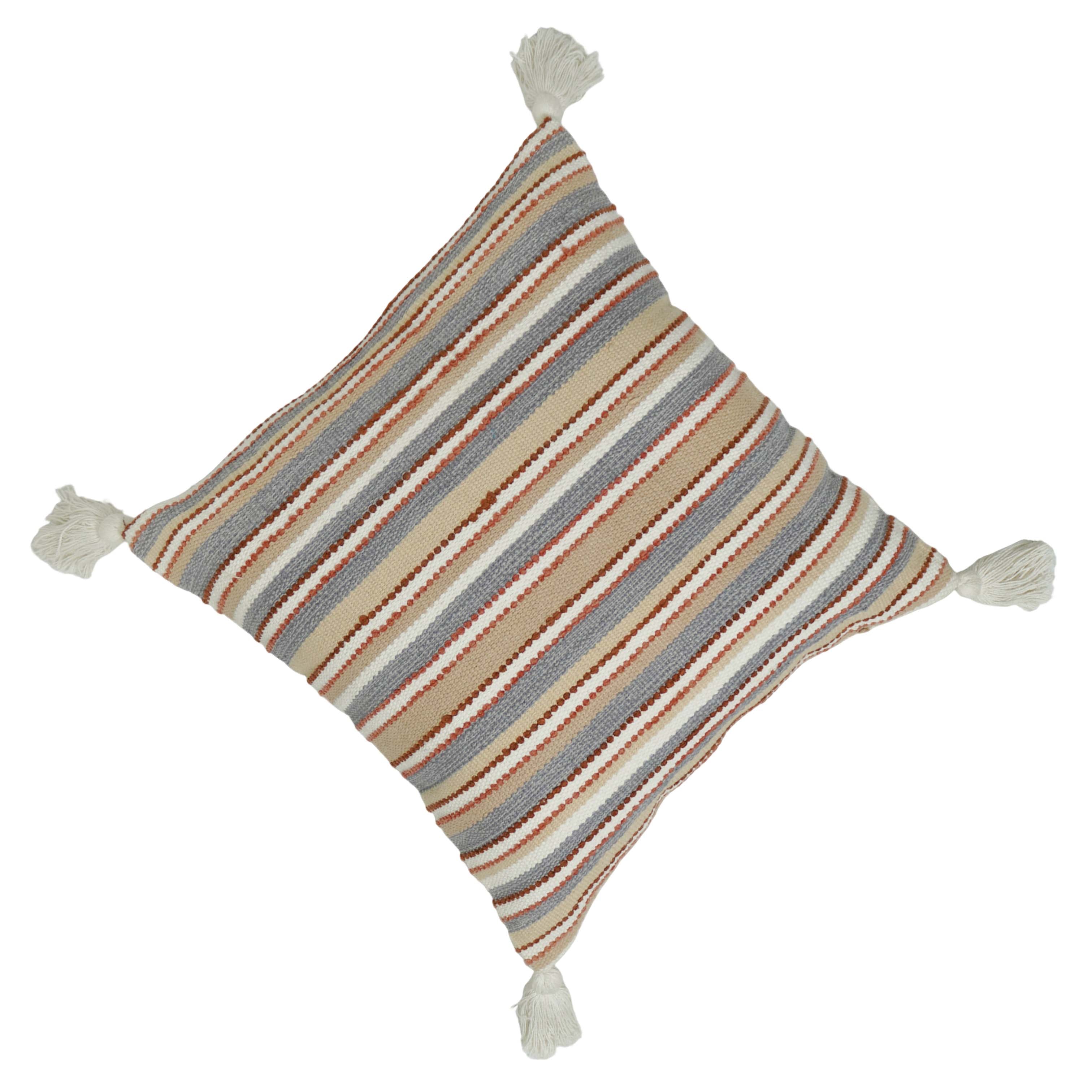 Handwoven Striped Cotton Cushion Cover with Tassels | 45x45 cm | Boho Decorative Throw Pillow Cover | Hidden Zip | Sofa & Living Room Décor
