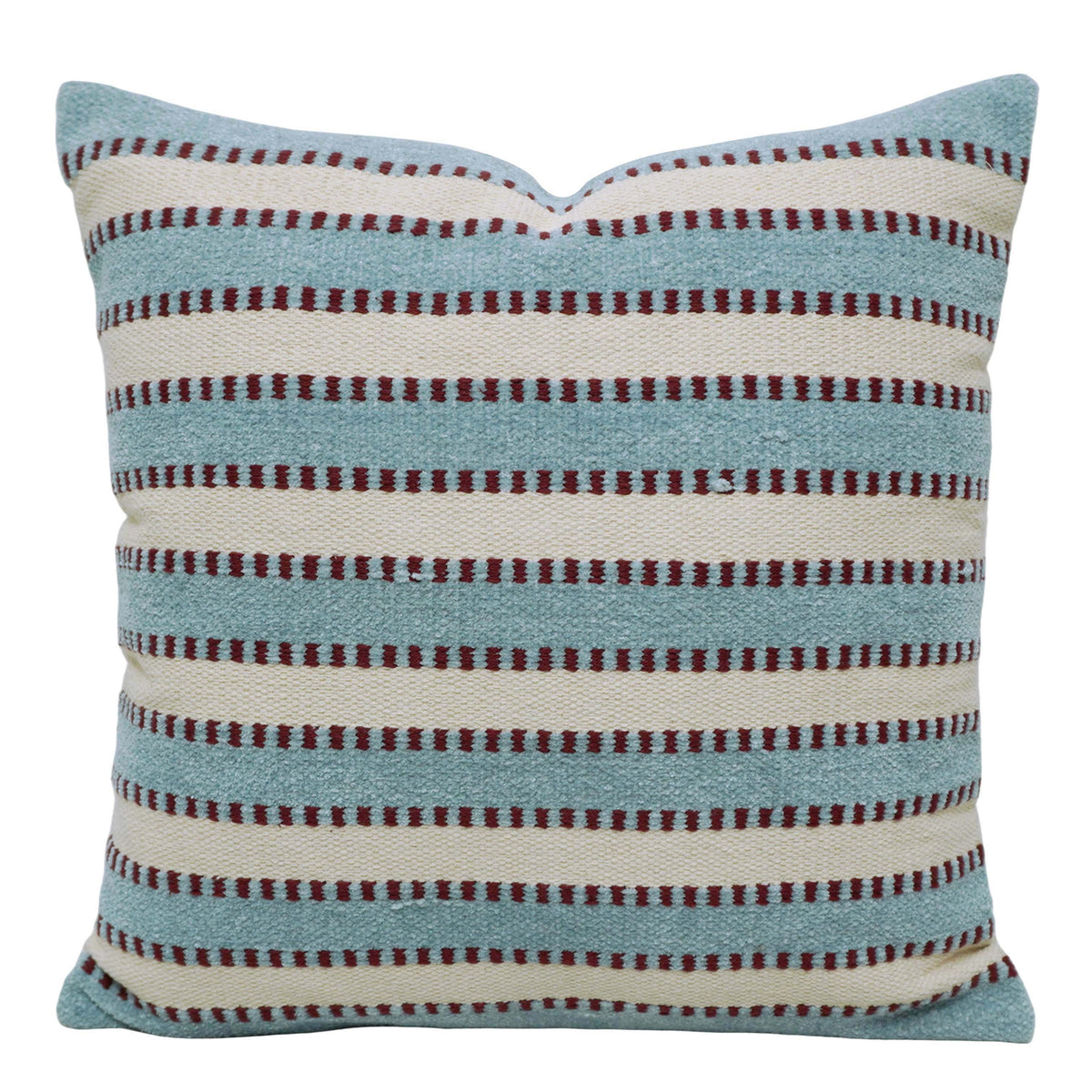 Handwoven Cotton Cushion Cover 45x45 cm – Blue & Ivory Striped Textured Design with Burgundy Accents
