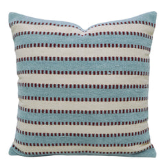 Handwoven Cotton Cushion Cover 45x45 cm – Blue & Ivory Striped Textured Design with Burgundy Accents