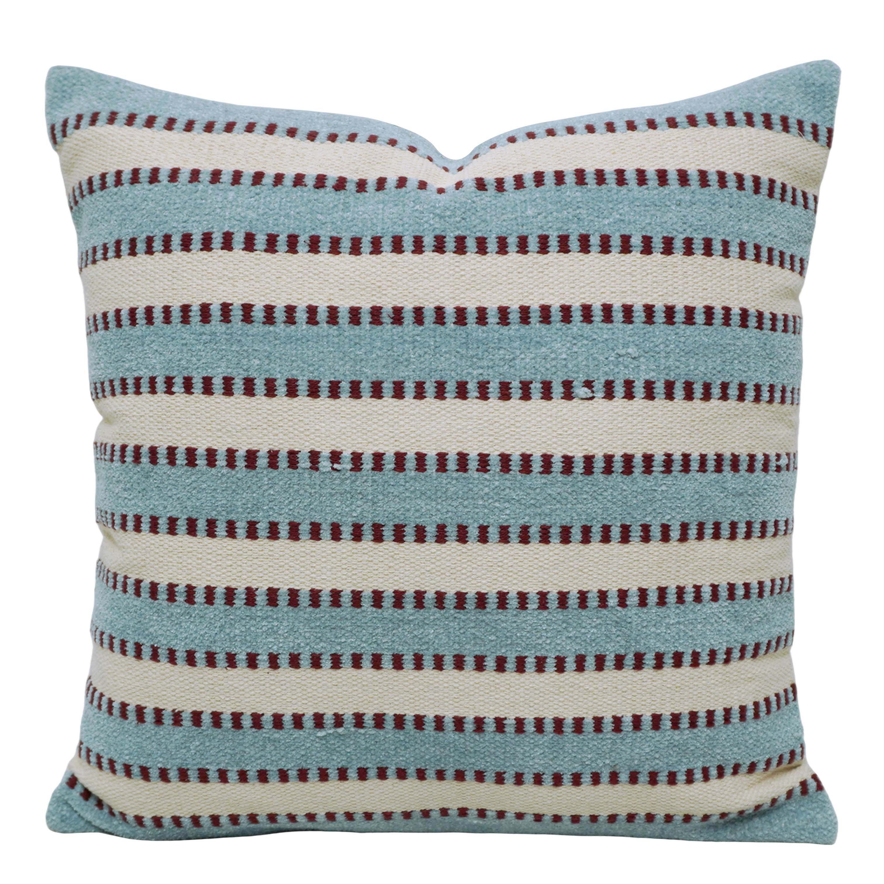 Handwoven Cotton Cushion Cover 45x45 cm – Blue & Ivory Striped Textured Design with Burgundy Accents