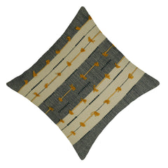 Handwoven Cotton Cushion Cover 45x45 cm | Grey & Ivory Striped with Mustard Tassel Details | Decorative Boho Throw Pillow Cover | Hidden Zipper